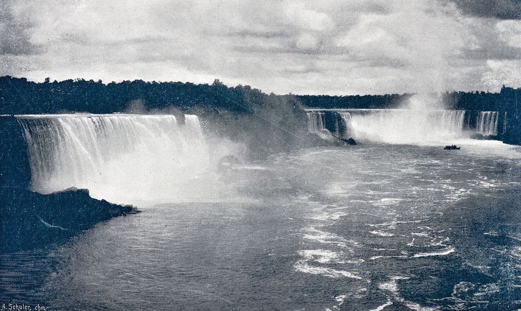 19th Century Illustration of Niagara falls with a steamer in front.