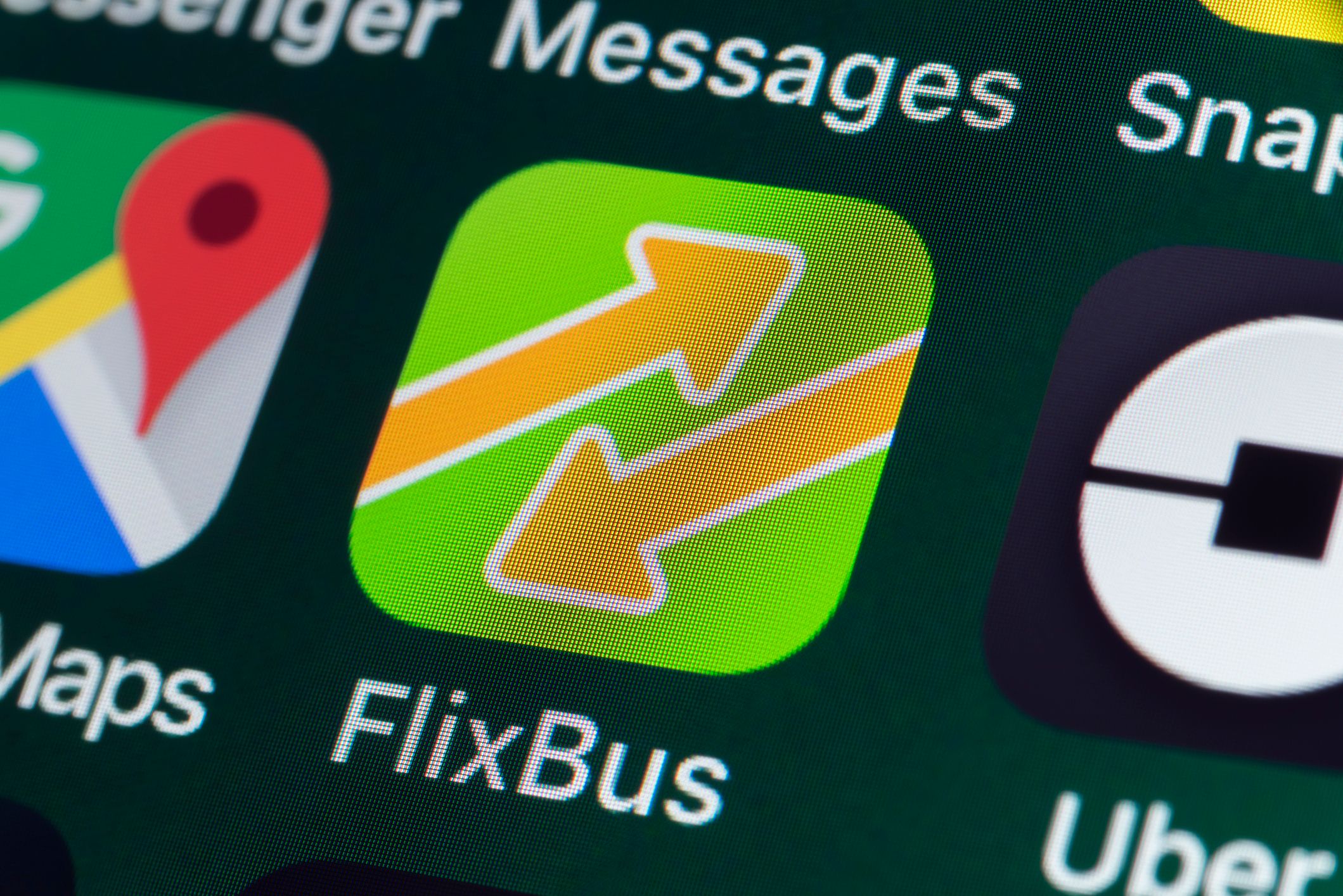 FlixBus, Uber, Google Maps, Messages and other Apps on iPhone screen