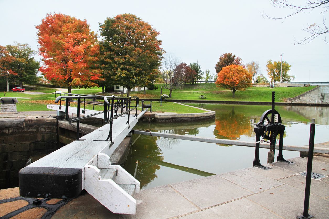 Locks on the Rideau Canal at Kingston Mills, Kingston, Ontario, Canada. The Rideau Canal is a UNSESCO world heritage site
