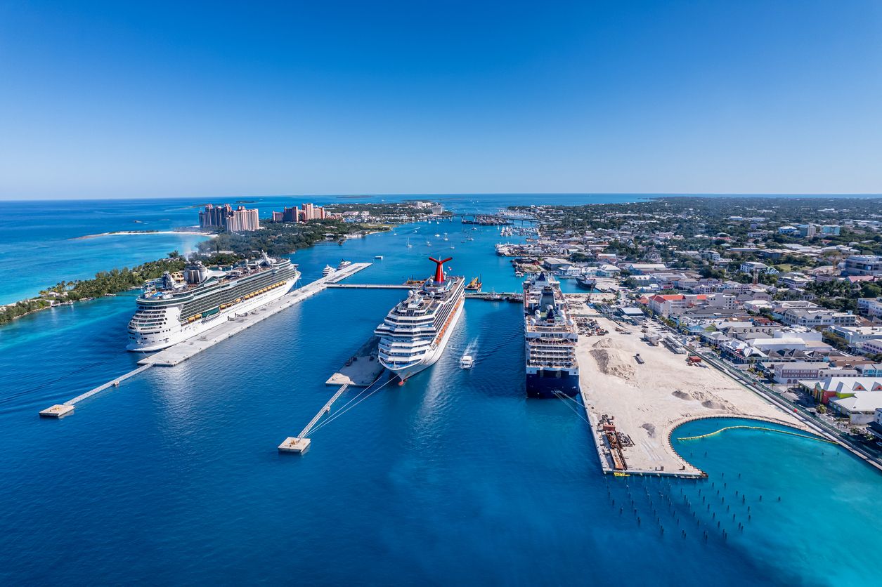 The drone aerial view of Paradise Island and Nassau port, Bahamas