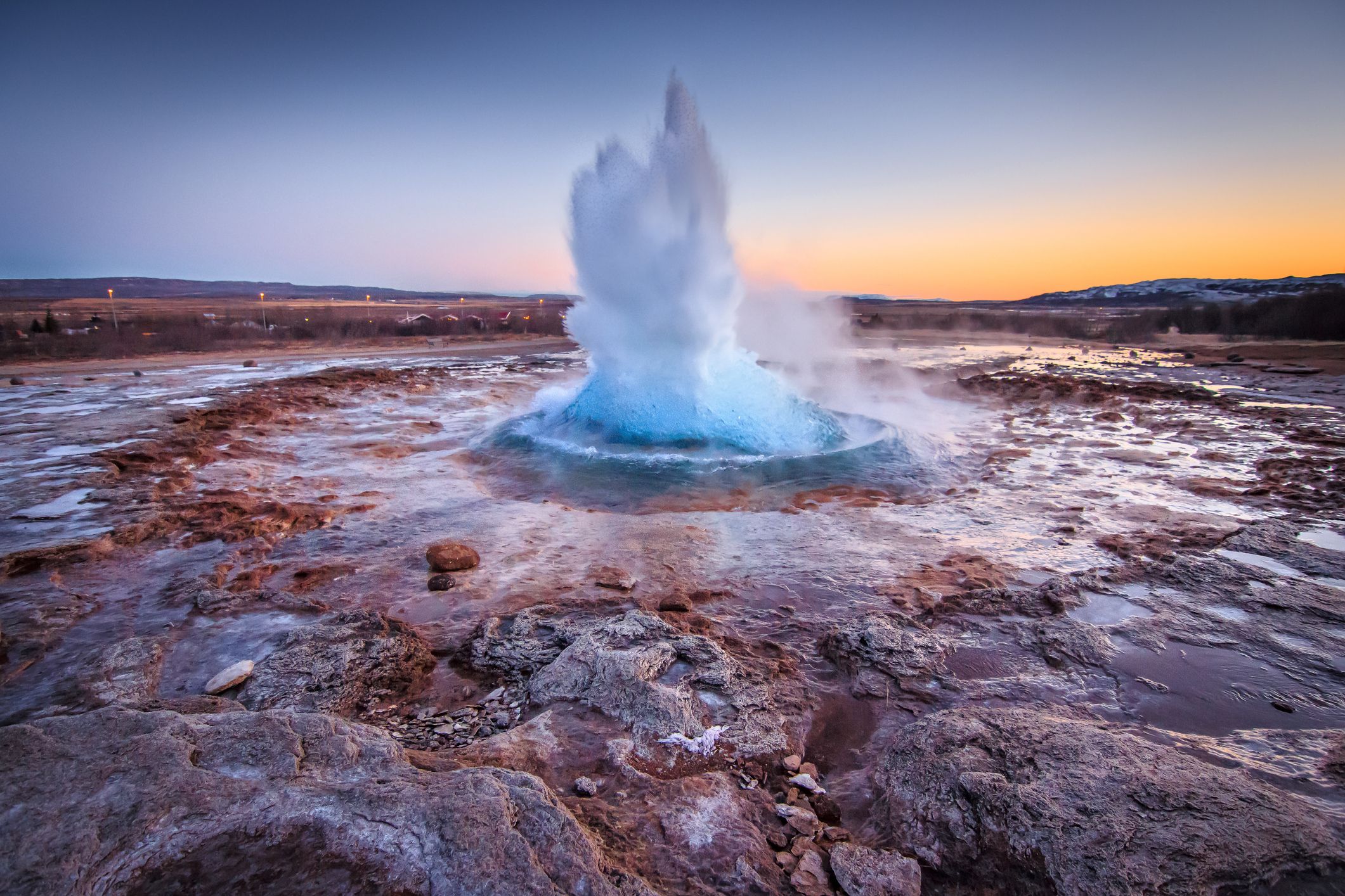 geothermal eruption of Gullfoss Geysir after sunset Iceland