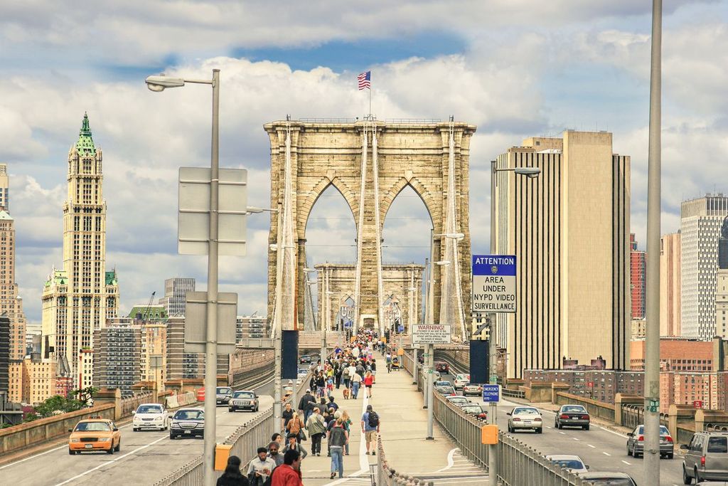 Brooklyn Bridge Crowded with Tourists Walking Across, NY, USA