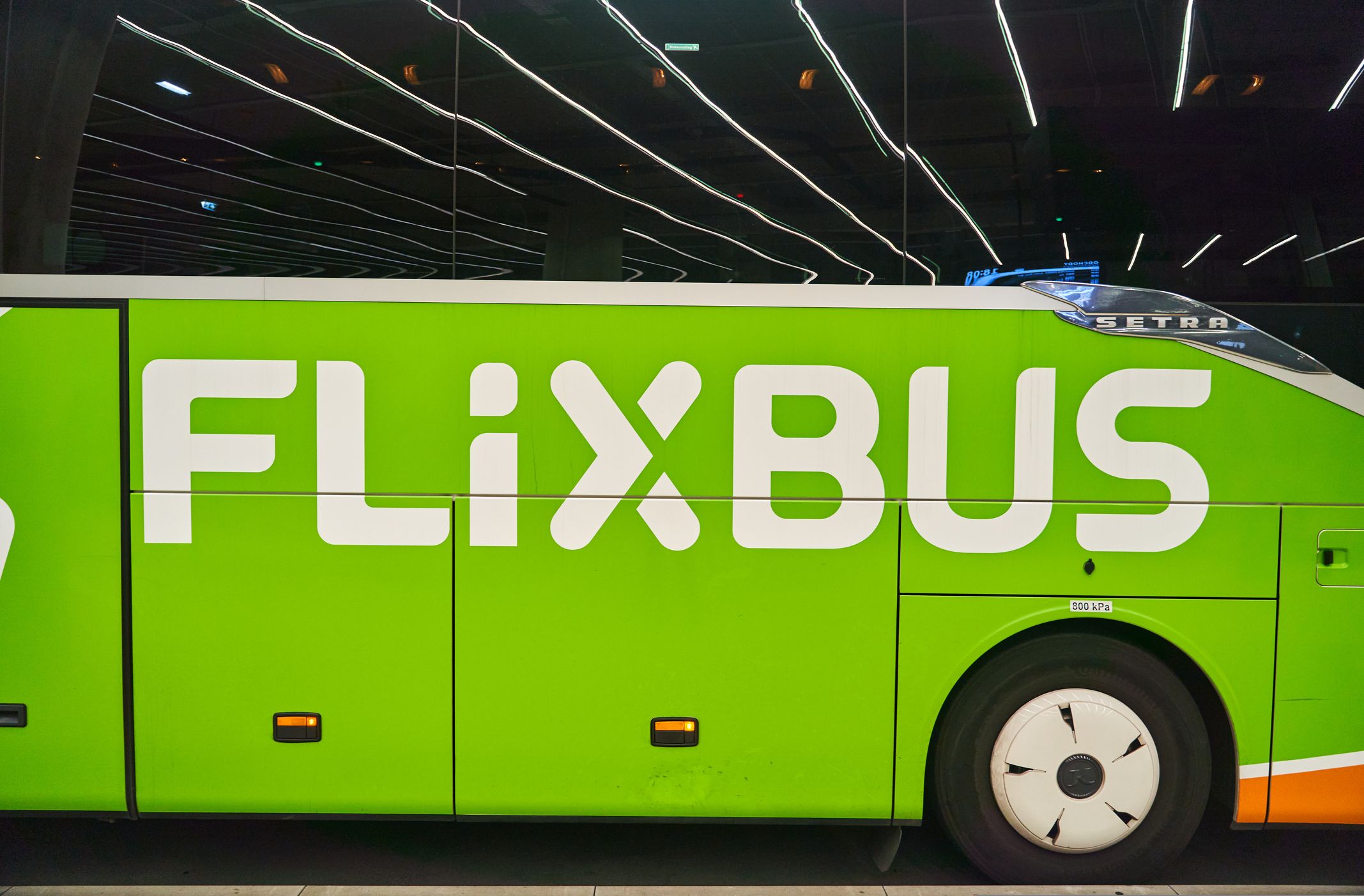 Flixbus logo on a green bus close up