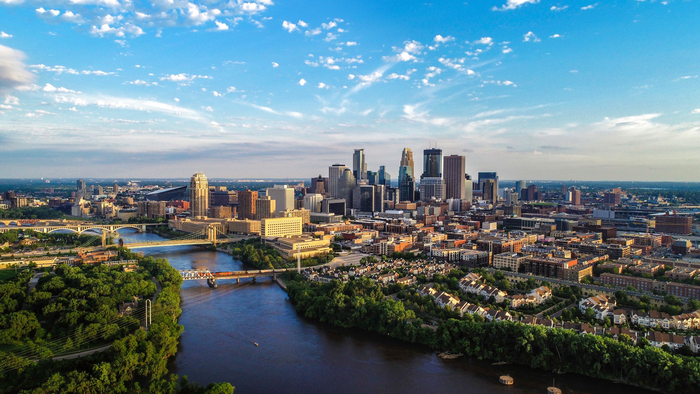 Aerial View of Minneapolis and the Mississippi river in summer