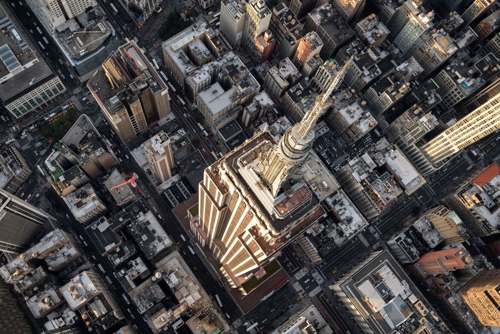 Helicopter point of view of Empire State Building