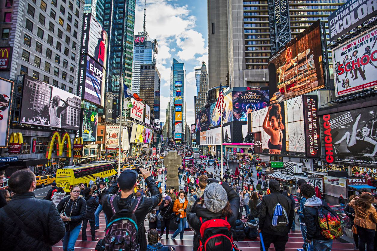 View of crowded Times Square in New York City
