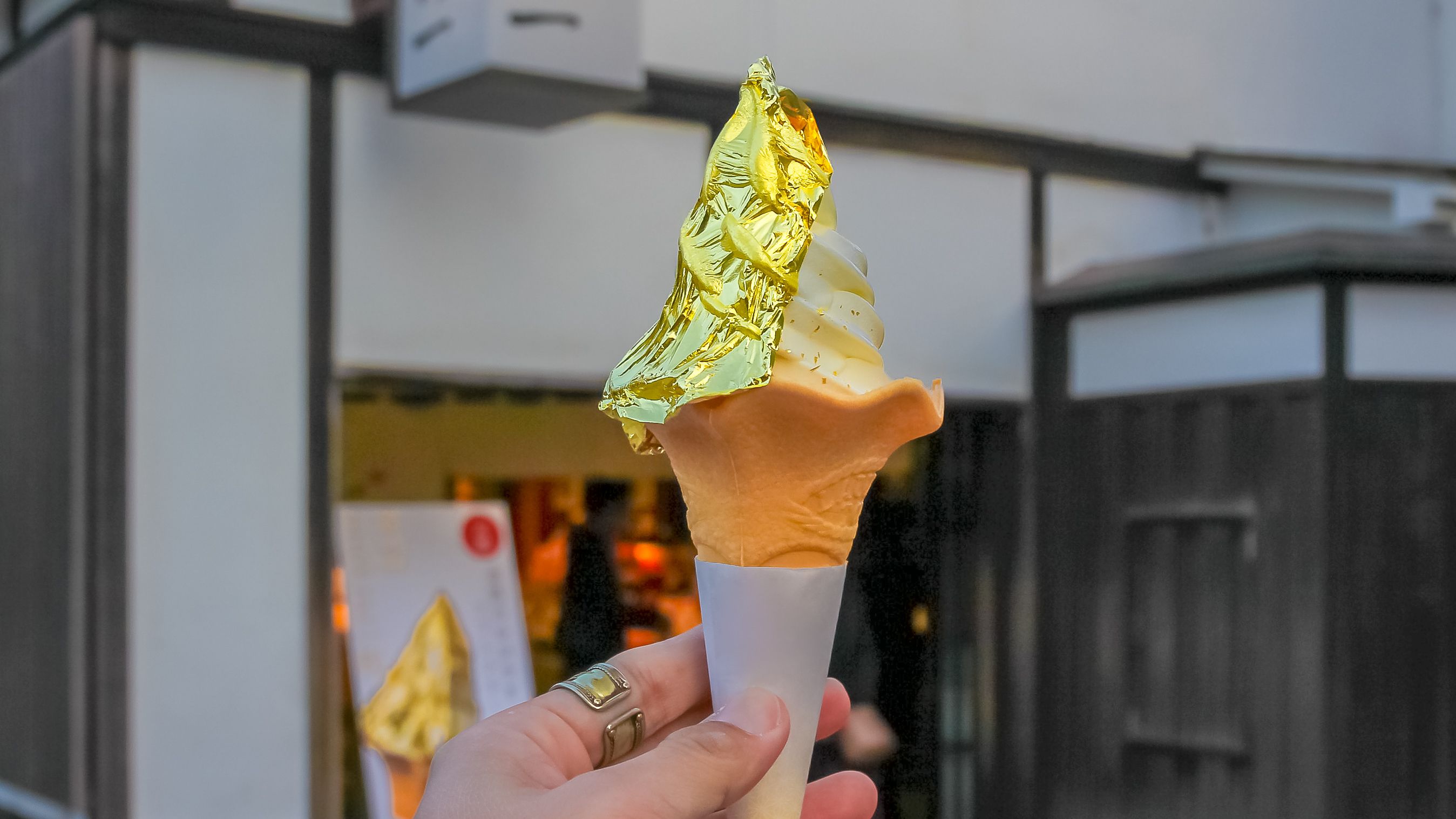 Close up of Japanese gold leaf wrapped ice-cream in Kanazawa, Japan.