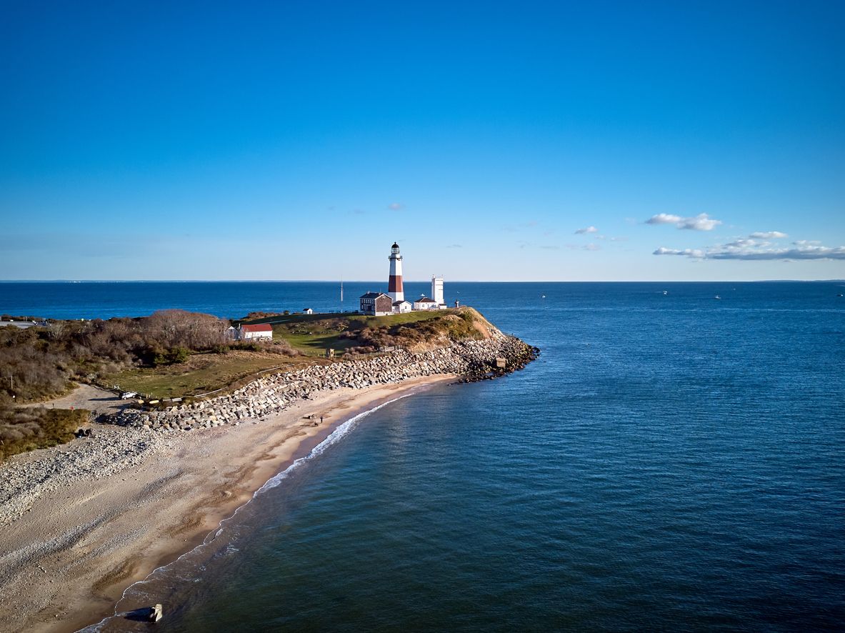 Montauk Lighthouse and beach aerial shot
