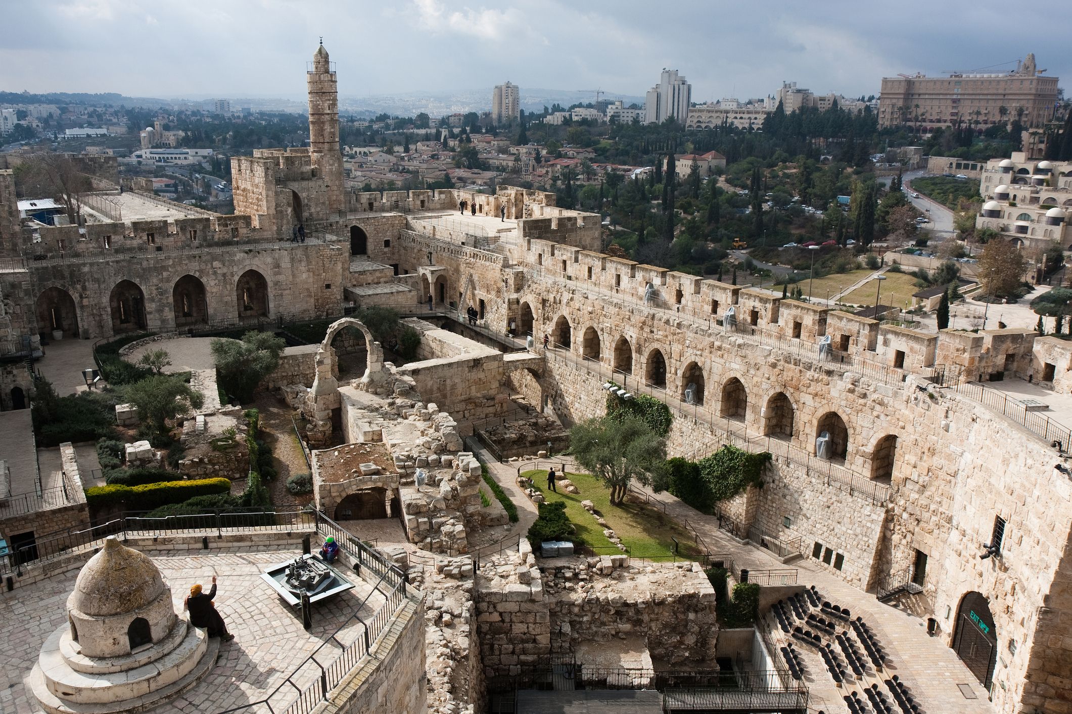 Archaelological site inside old town Jerusalem. David Tower on top of the wall, Israel.