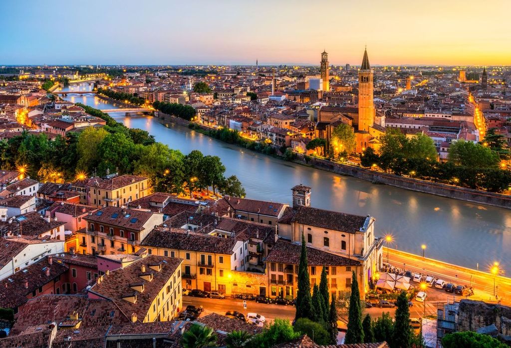 Sunset aerial view of Verona, Italy