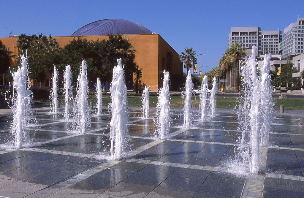 Water Fountains in Downtown San Jose with The Tech Interactive in the background