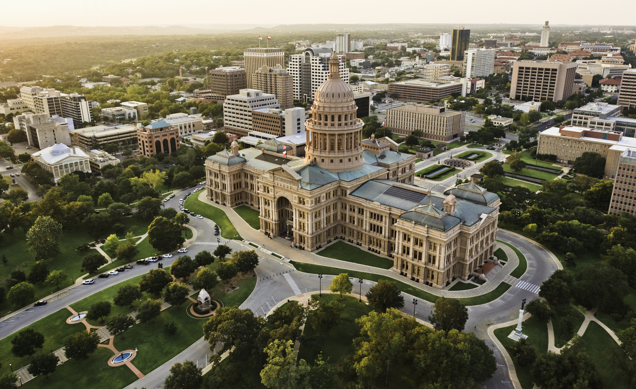 Capitol building, aerial skyline, sunset, Austin, TX,