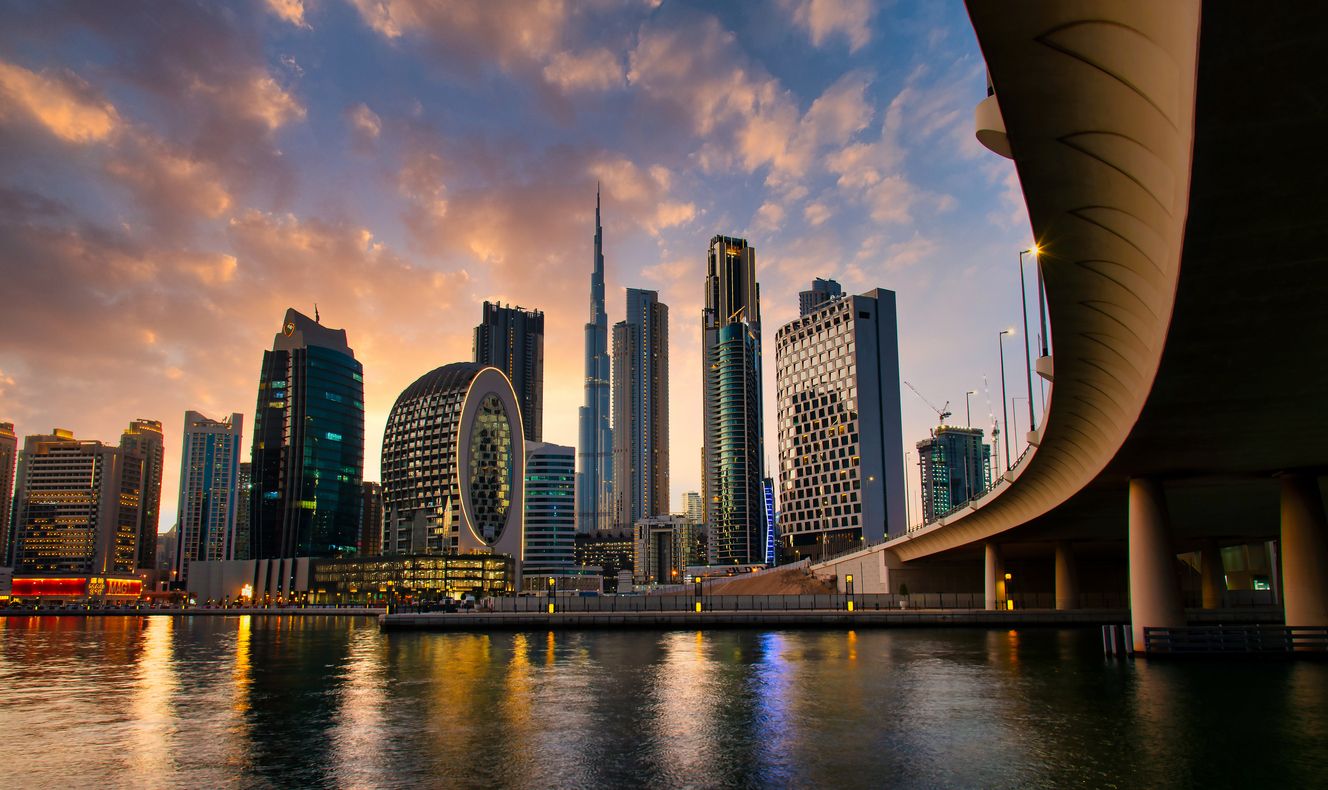 Aerial skyline of downtown Dubai filled with modern skyscrapers.