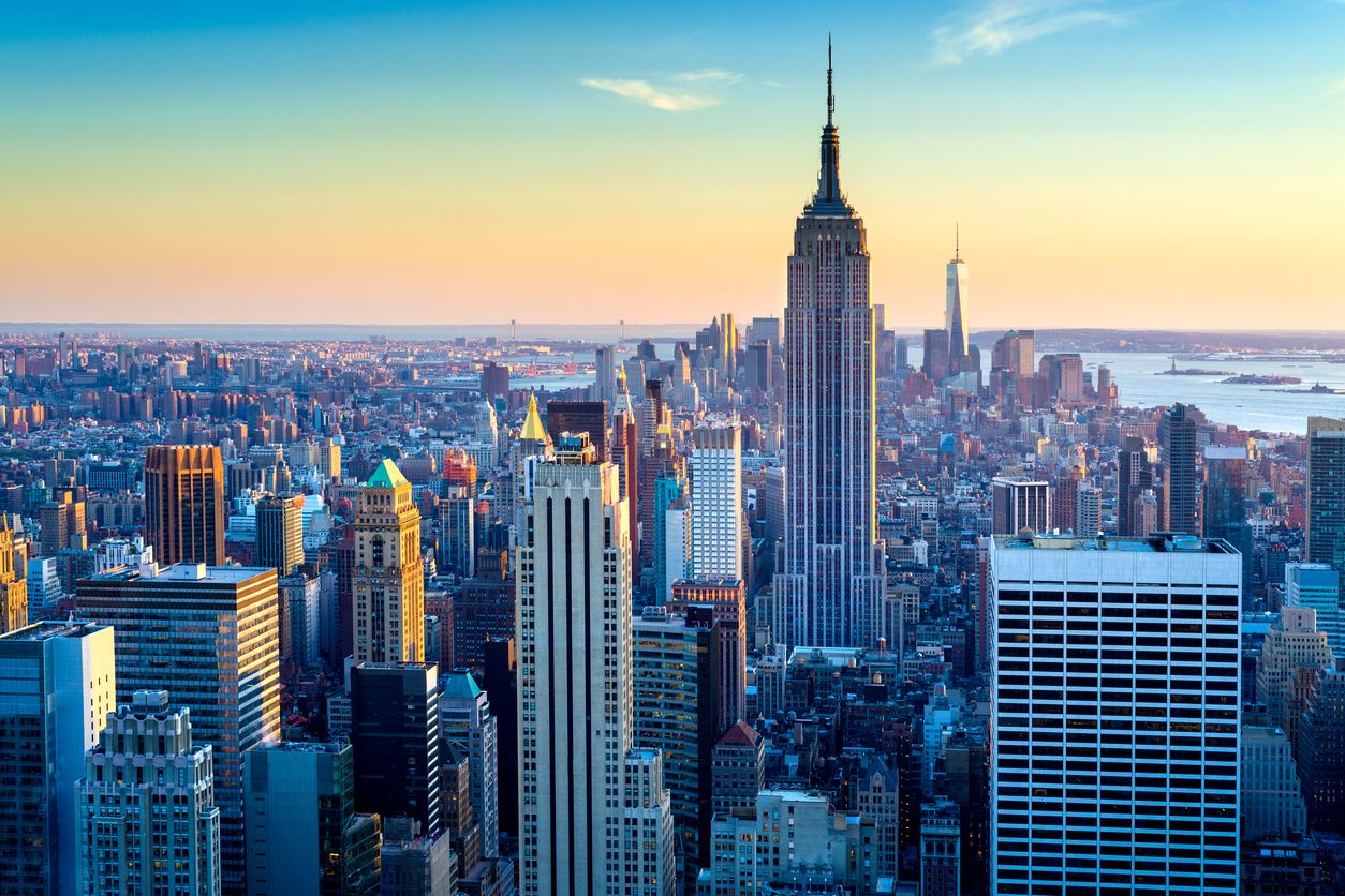 New York City Aerial Skyline at Dusk, USA