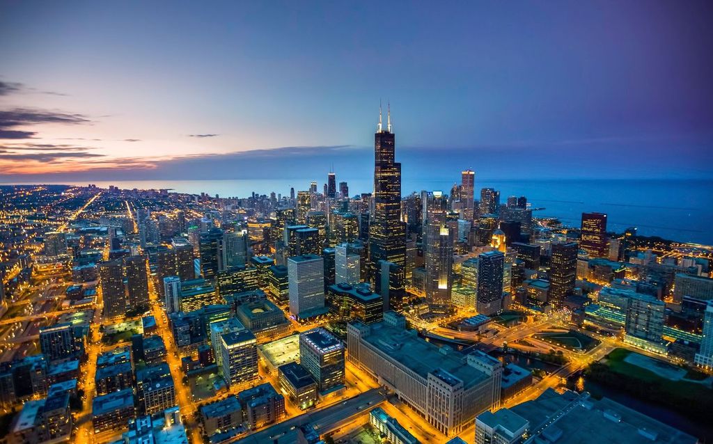 Chicago skyline aerial sunset view