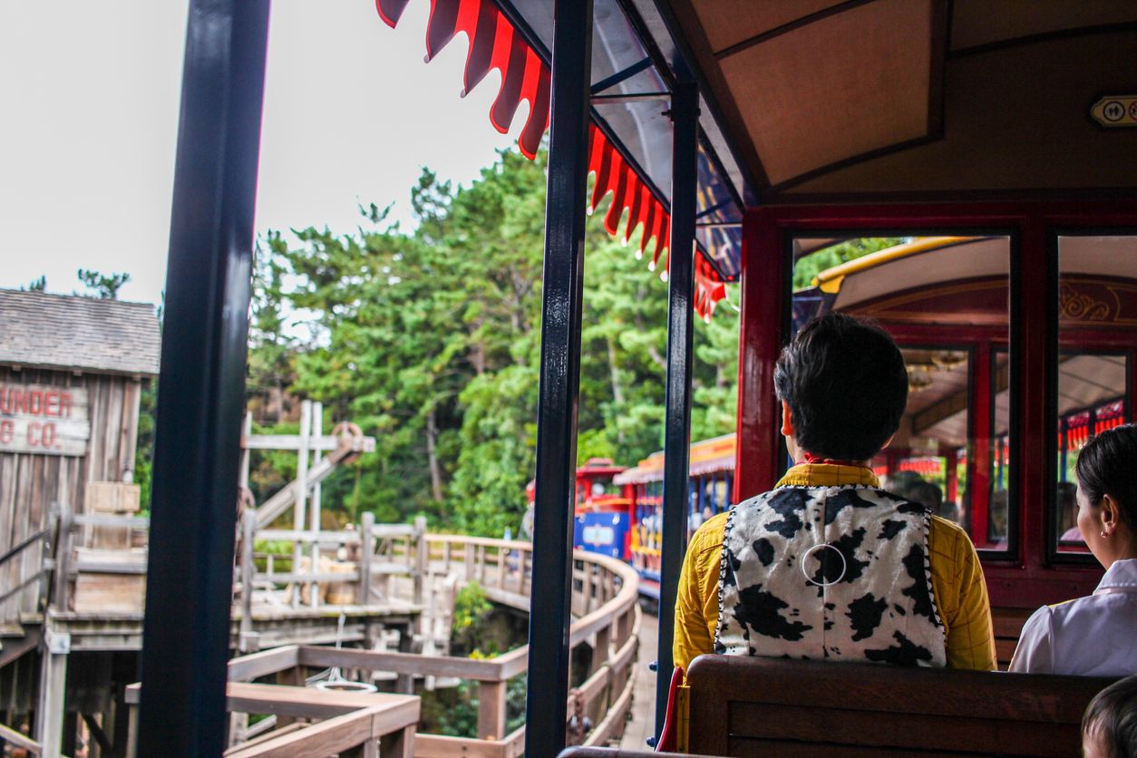 People in costume ride on the train at Tokyo Disneyland