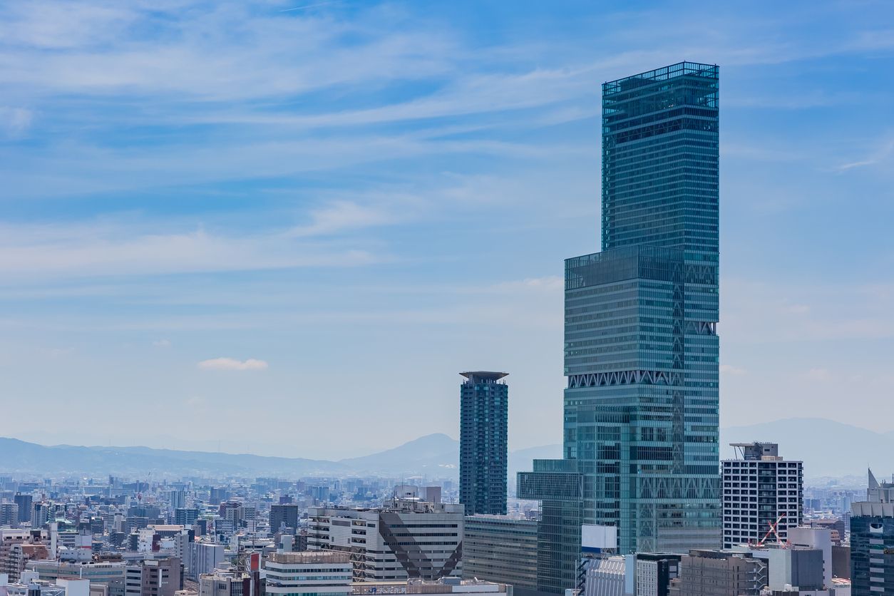 Osaka city view from Tsutenkaku with Abeno Harukas in focus