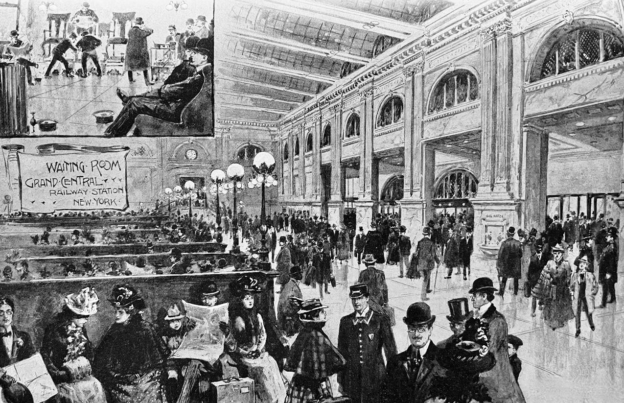 Waiting room of New York Grand Central Station illustration from the 19th Century.