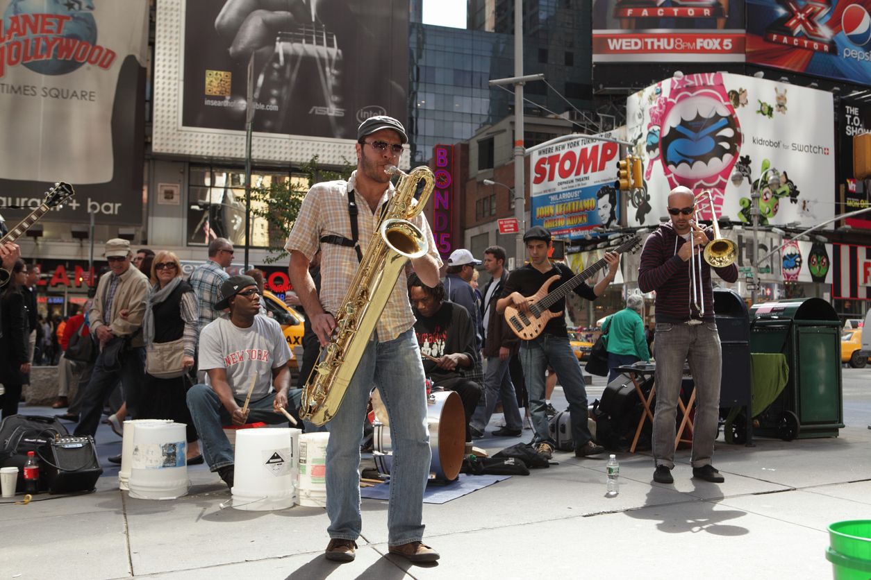 Jazz musicians perform in Times Square