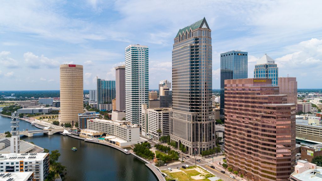 Aerial view of Downtown Tampa Skyline over the Hillsborough River