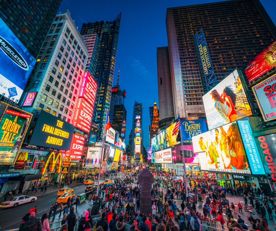 Times Square in New York City at dusk