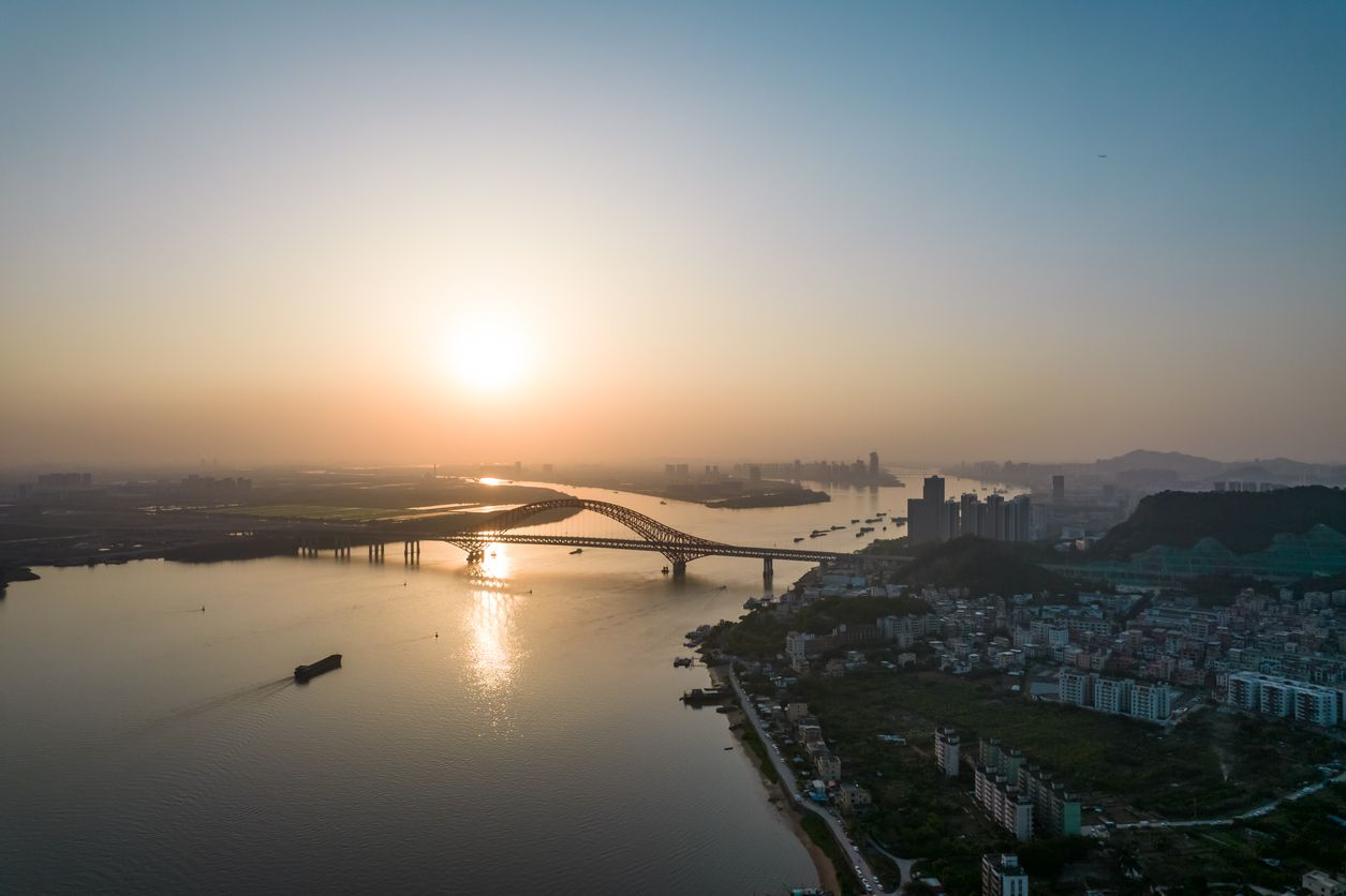 Aerial of Mingzhuwan Bridge in Nansha District at Guangzhou