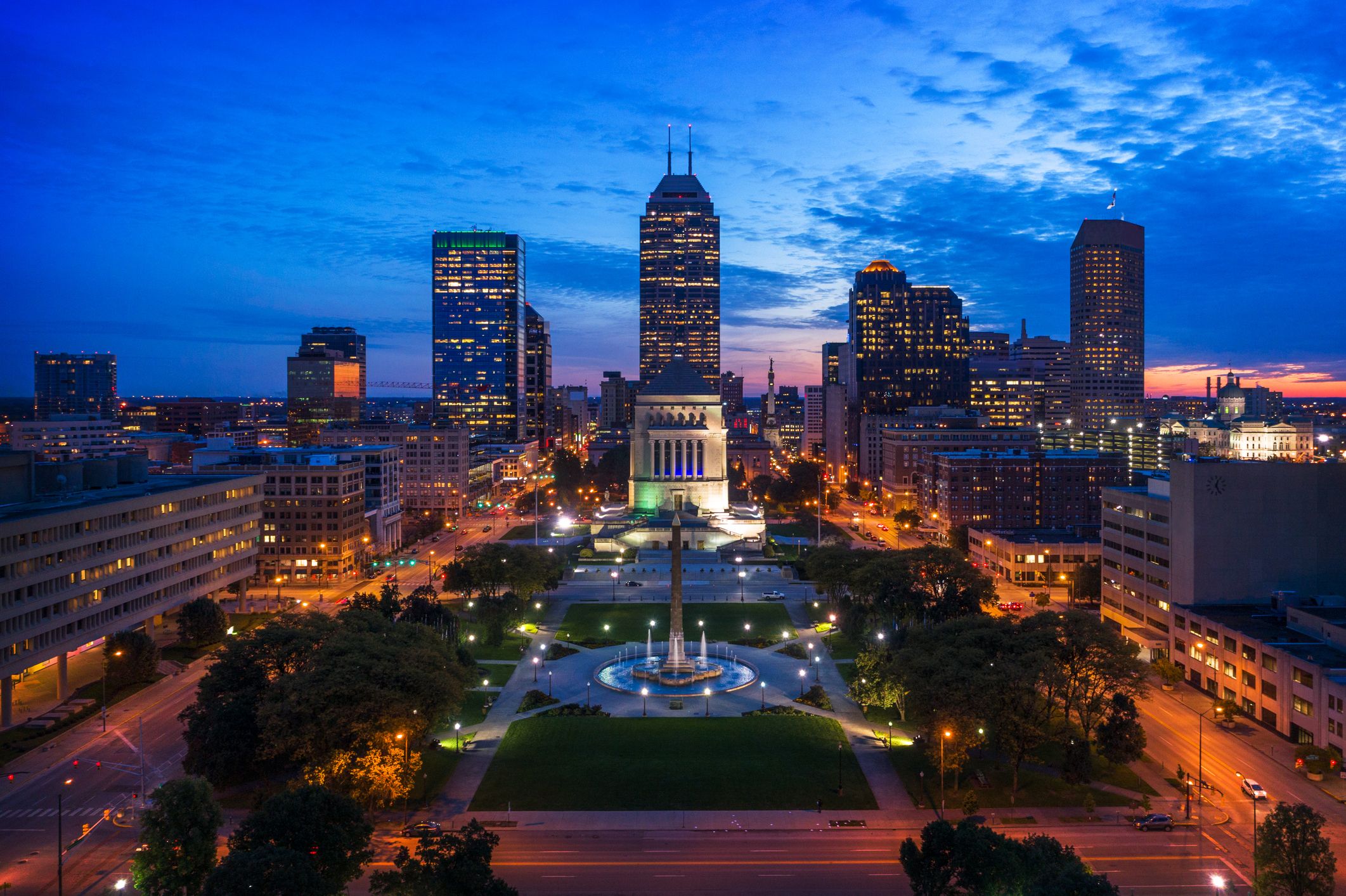 Indianapolis Skyline and Park Aerial at Dusk