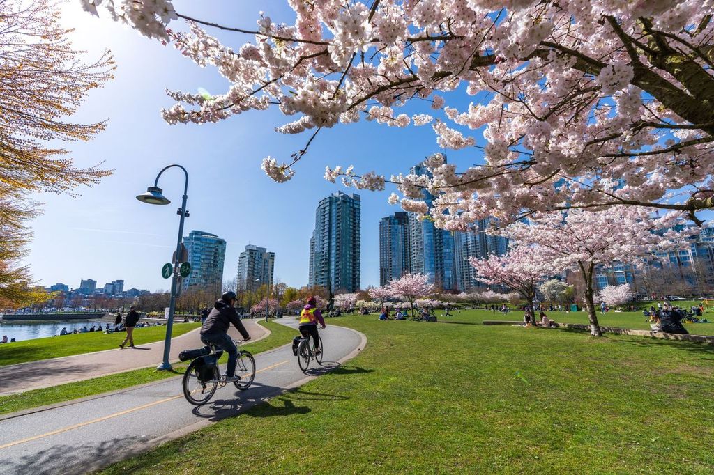 People walking and cycling in David Lam Park, Vancouver, BC