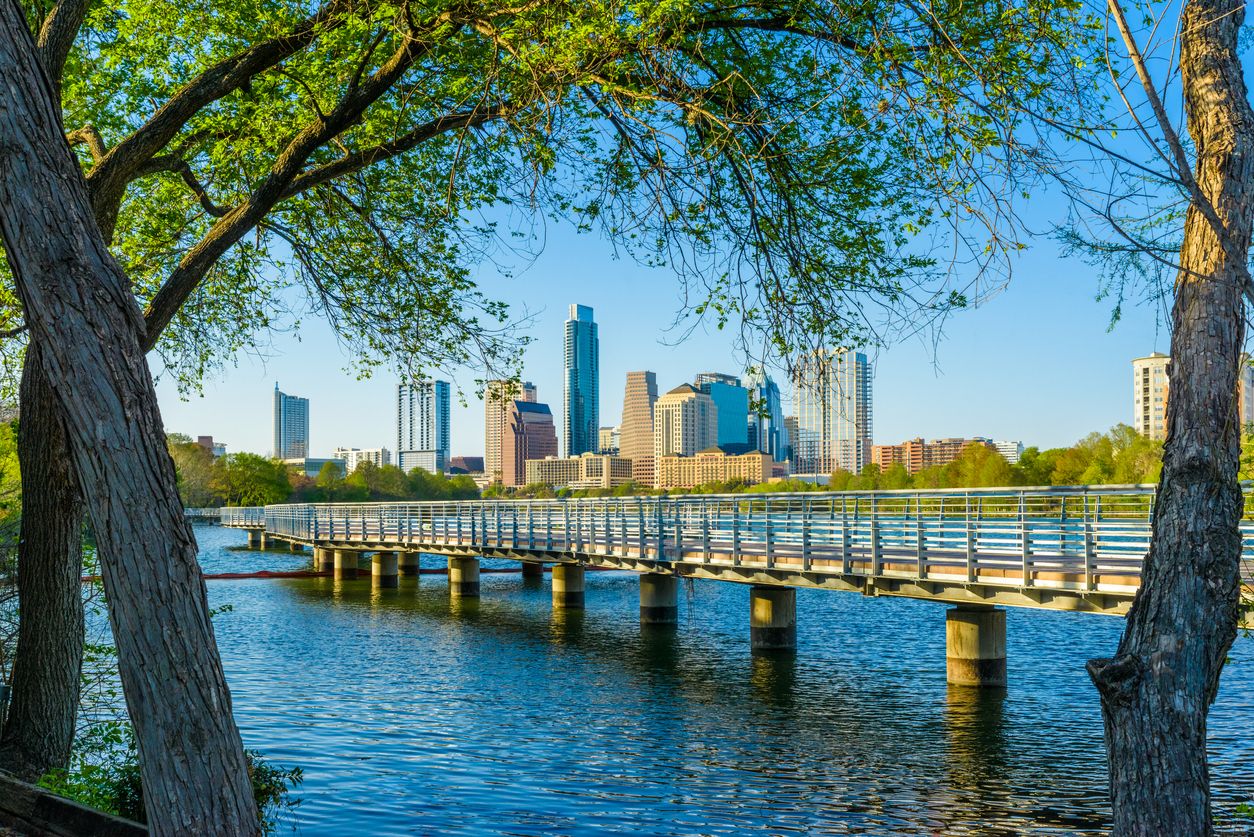 Austin Texas skyline. The Boardwalk Trail at Lady Bird Lake