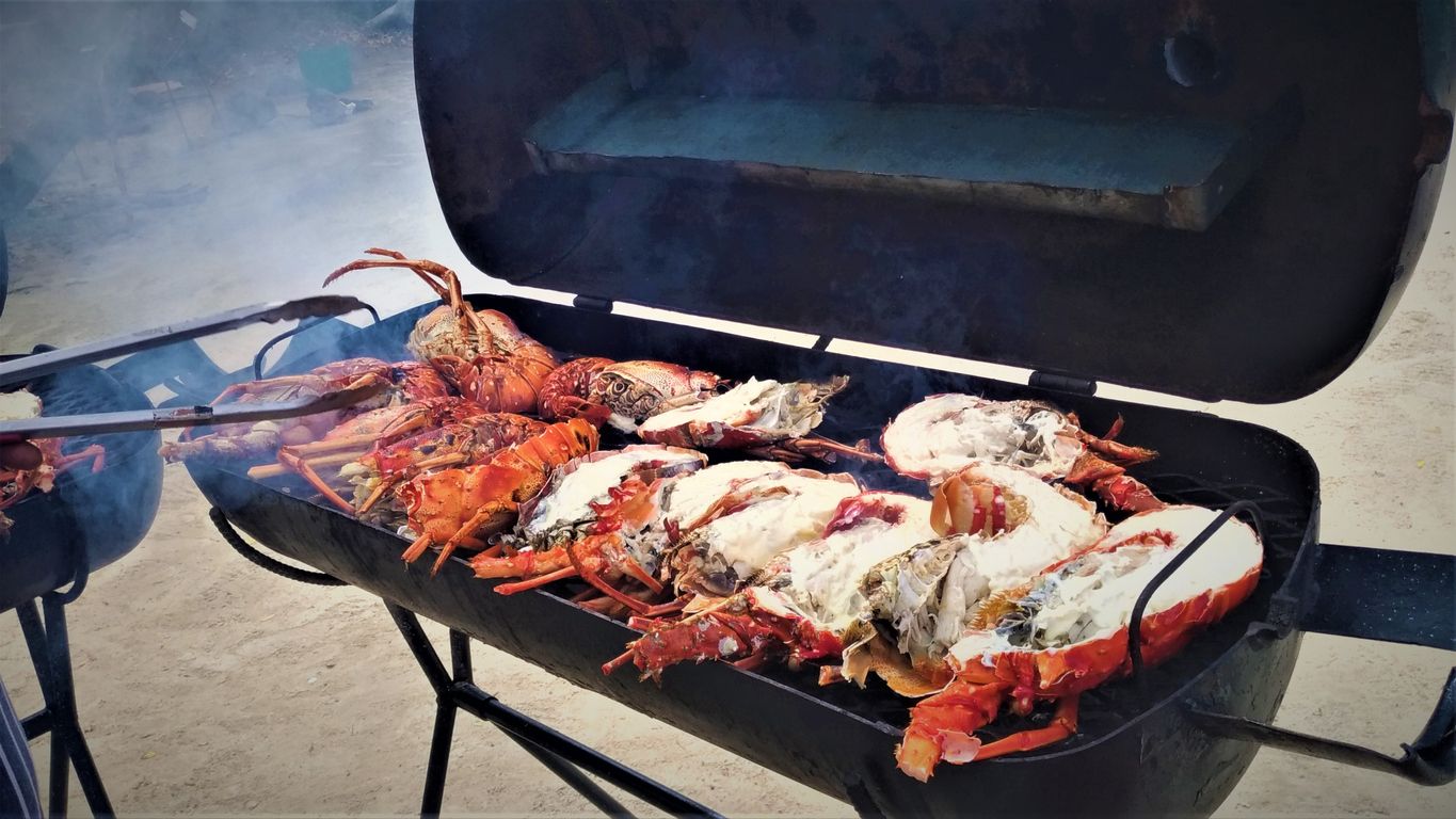 Delicious grilled lobsters on the island of Grenada in the Caribbean