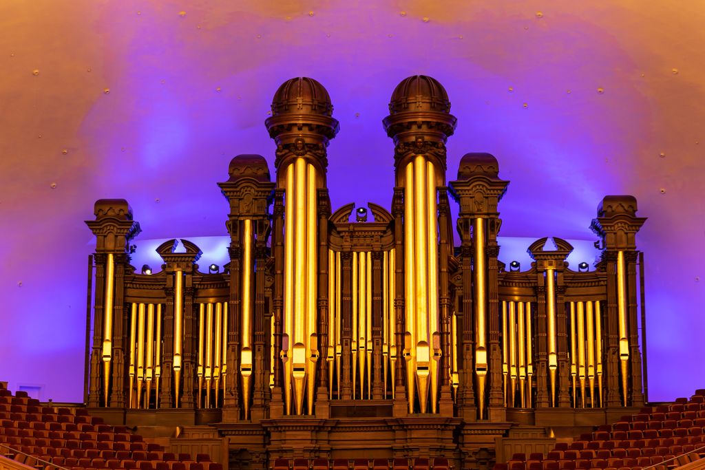 The historic pipe organ in the Tabernacle at Temple Square for the Church of Jesus Christ of Latter-day Saints in Salt Lake City, Utah