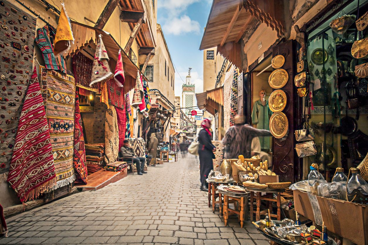 Stores in the medina streets of Fez, Morocco