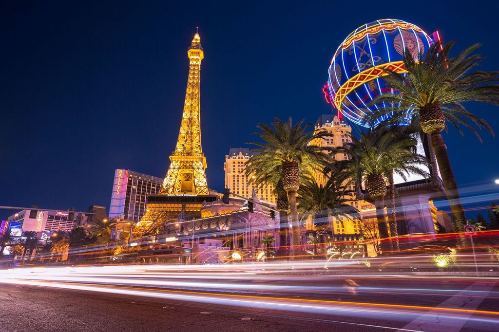 Paris hotel on the famous Las Vegas Strip at night with The Eiffel Tower in view