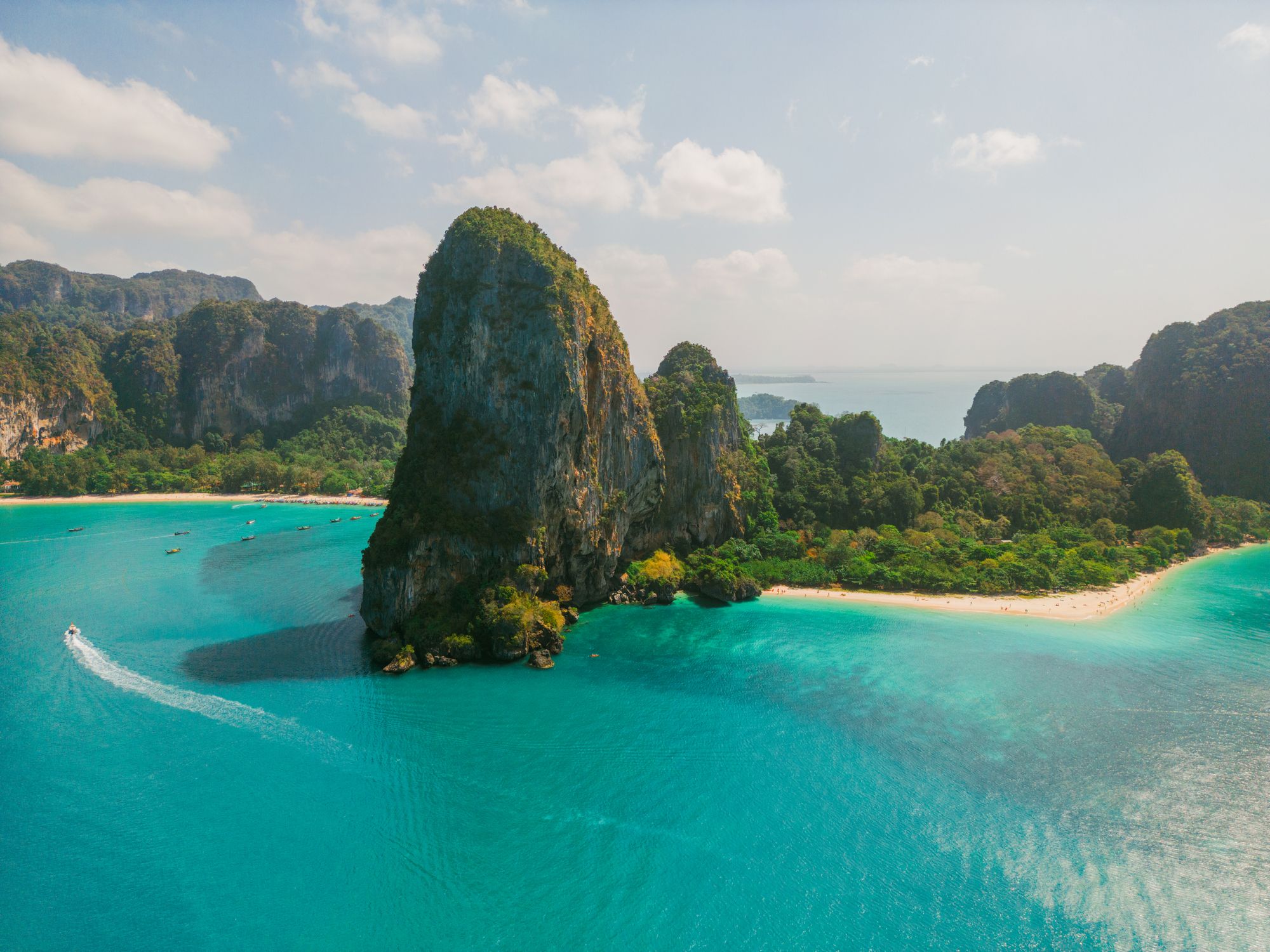 Aerial view of speedboats near Phuket Island, Thailand