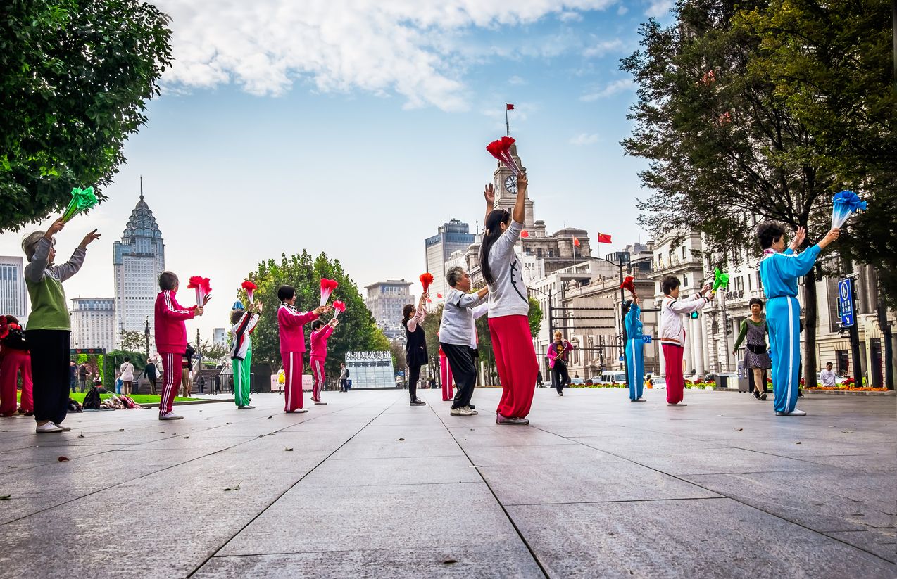 Tai Chi practice in a Public park in Shanghai, China