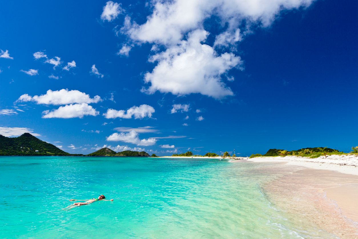 Landscape shot of clear blue water at Sandy Island, Grenada