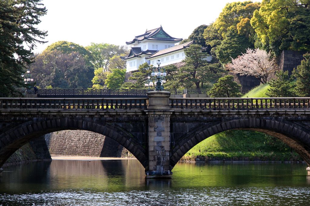 The perimeter of the Imperial East Gardens in Central Tokyo with the Imperial Palace in the background