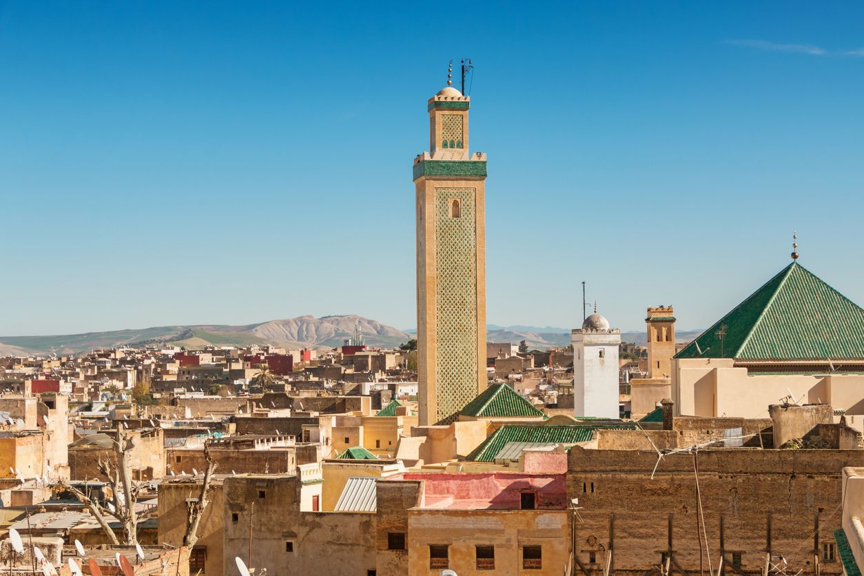 Old town Fez with Kairaouine Mosque Minaret in Morocco