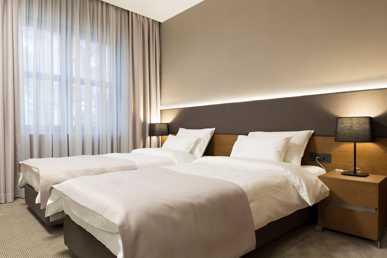 Interior of a hotel bedroom.