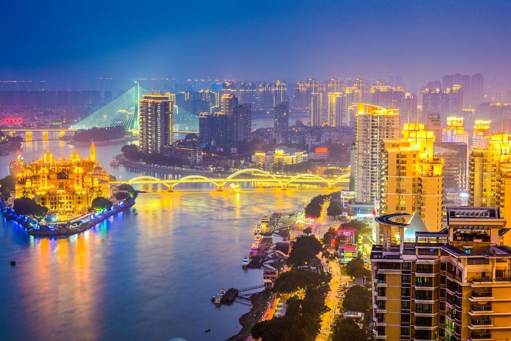 Fuzhou, China Cityscape at night on the Minjiang River