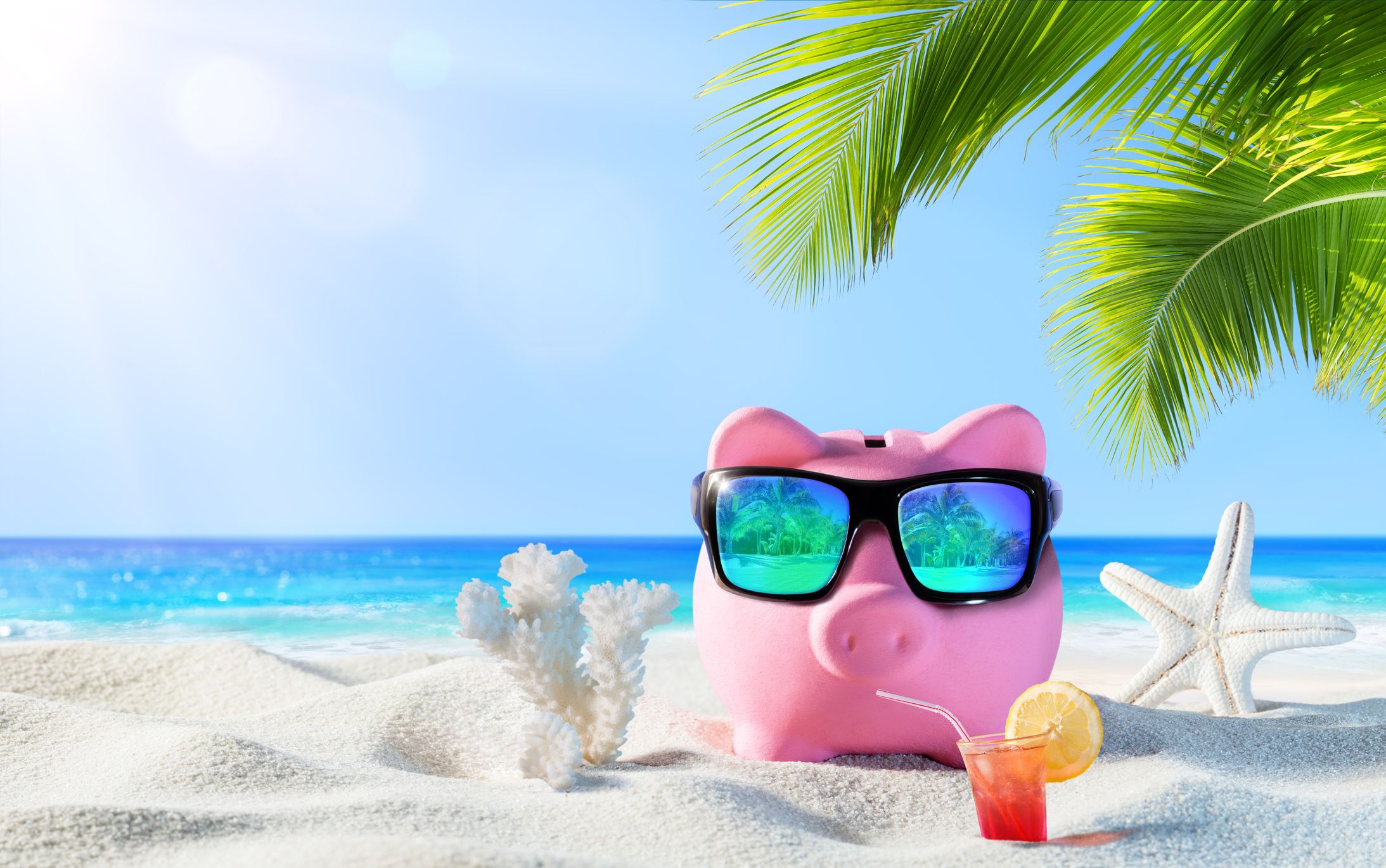 Piggy bank drinking cocktail down the palm beach