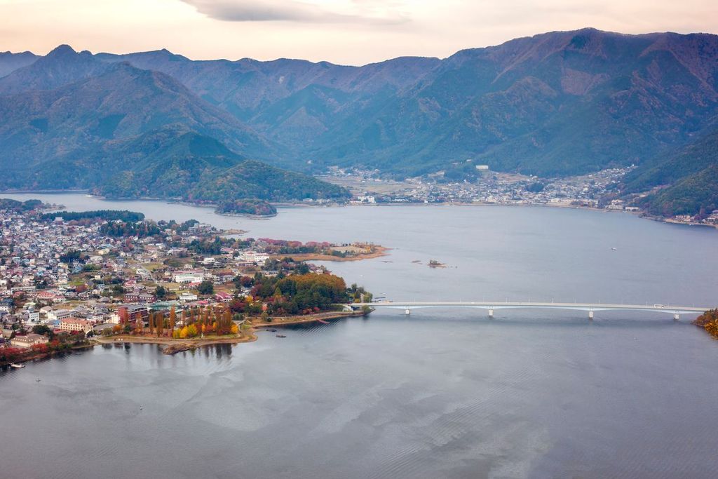 Beautiful landscape view of Fuji mountain and Kawaguchiko lake in morning, Japan