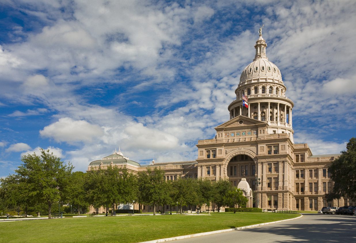 Texas State Capitol Building in Austin. It is the tallest state capitol in the USA, and is built of "sunset red" Texas granite from Marble Falls.