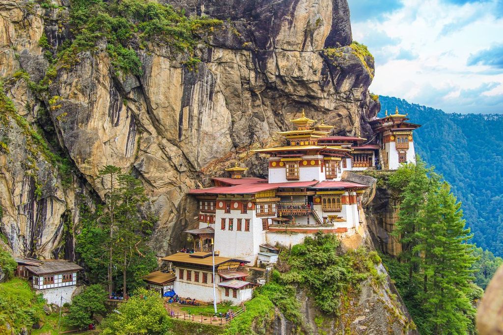 View of the Tiger's Nest monastery also known as the Paro Taktsang and the surrounding area in Bhutan