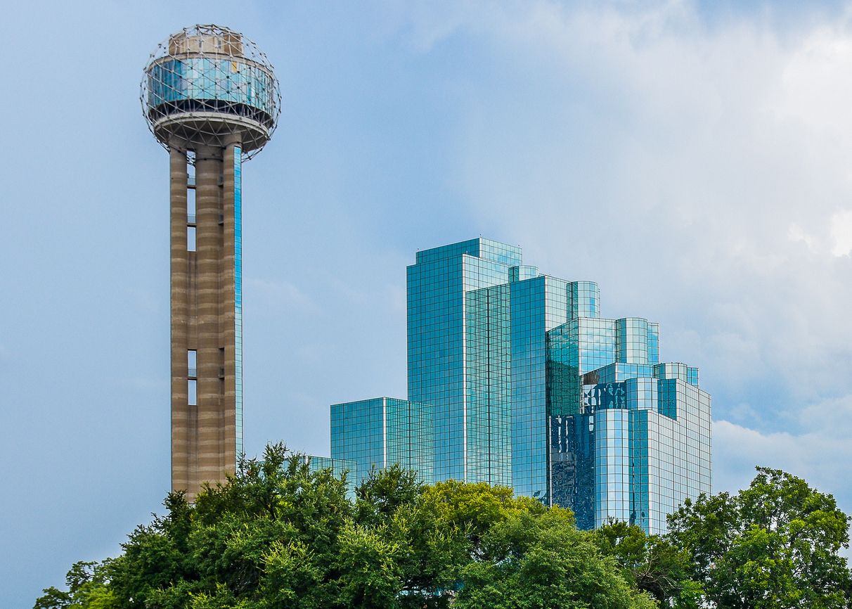 The Reunion Tower rises above the Hyatt Regency Dallas