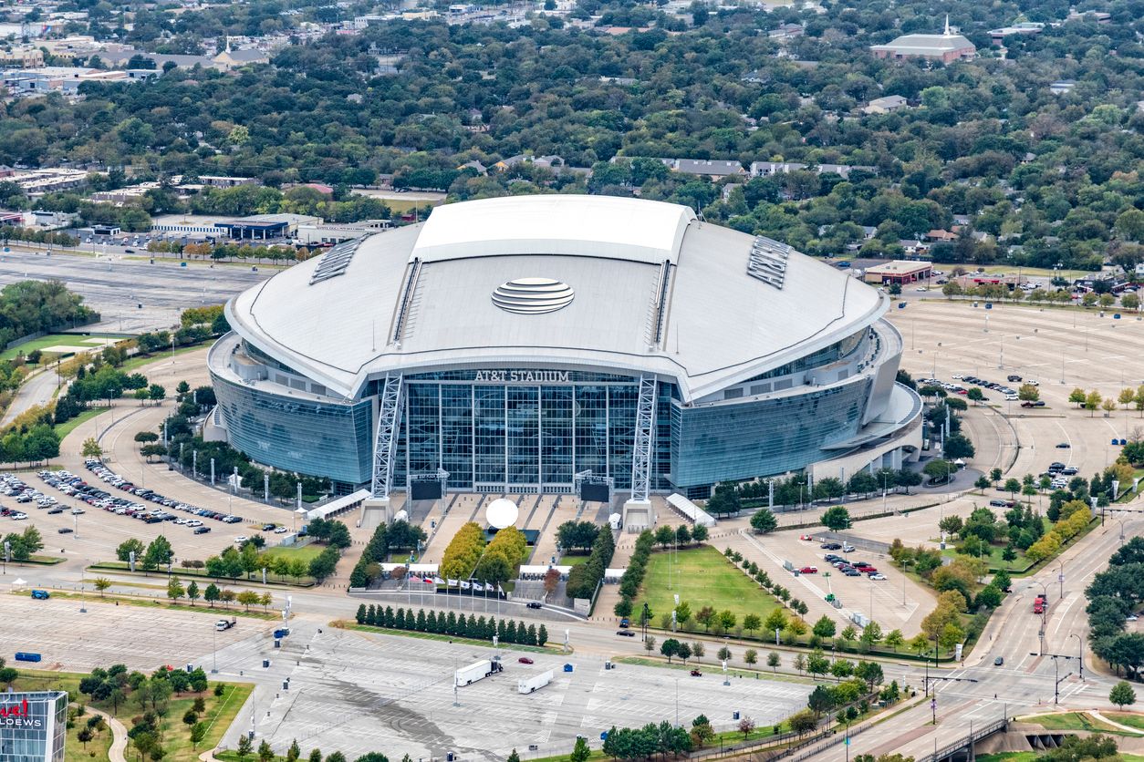 Aerial view of the home of the Dallas Cowboys, AT&T Stadium located just east of downtown Dallas, Texas in the city of Arlington.