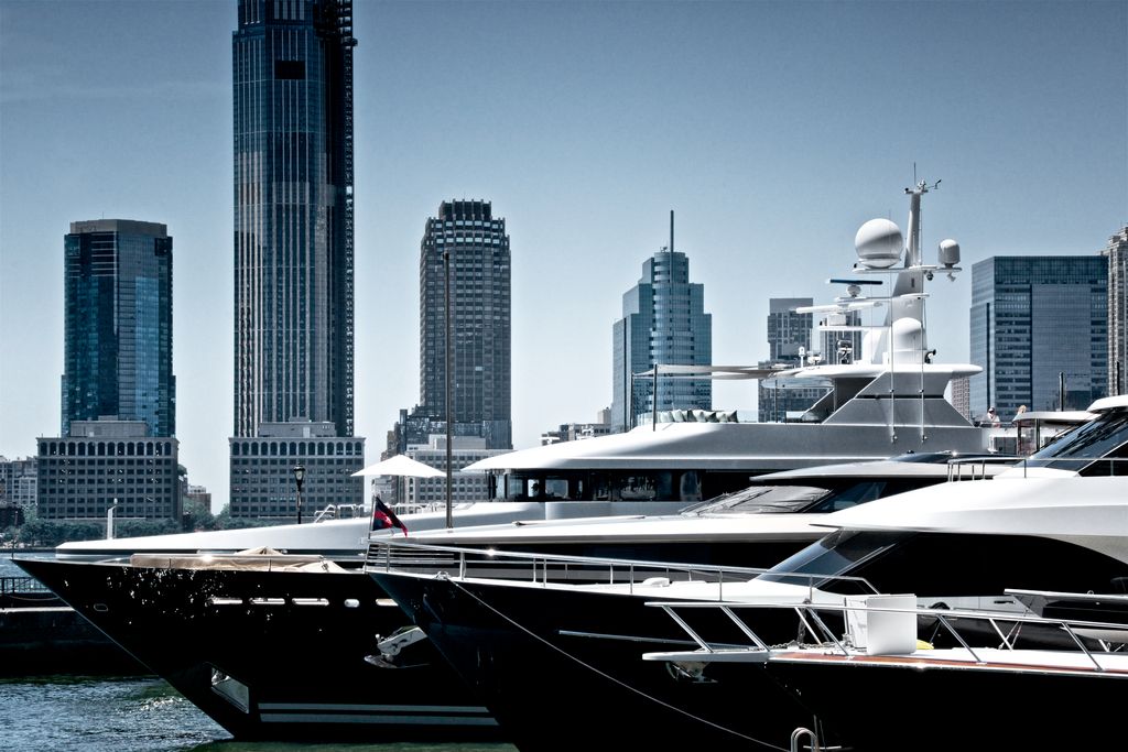 Luxury Motor Yachts at North Cove Marina, Lower Manhattan Financial District, Hudson River, New York City, USA