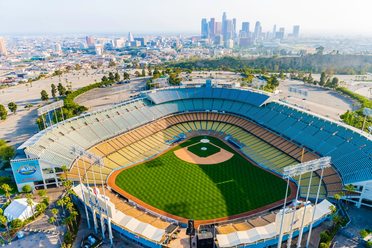 Dodger Stadium and Los Angeles skyline cityscape panorama aerial