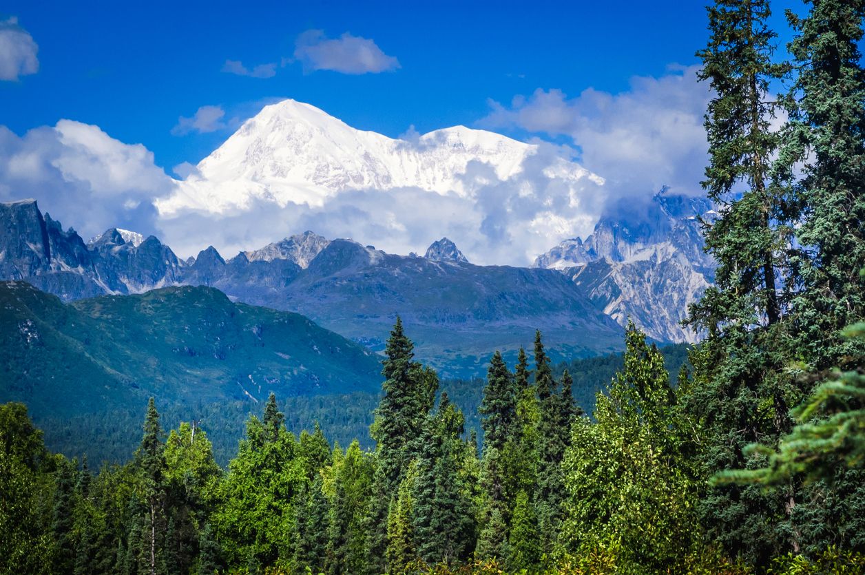 The impressive bulk of snow covered Mount Denali rises majestically from the surrounding mountains.