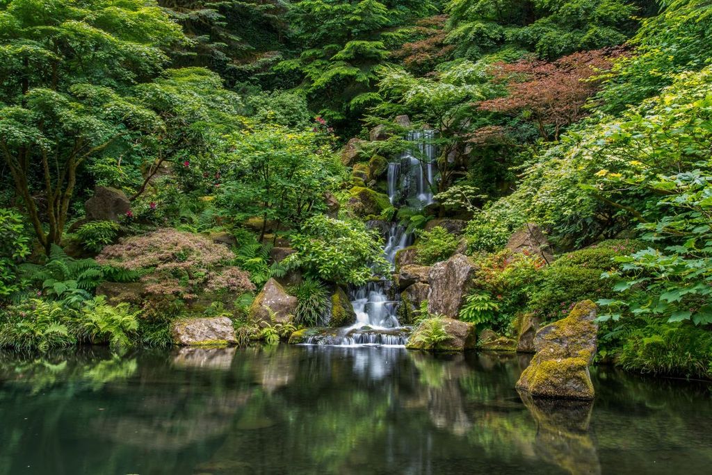 Japanese Garden With Streaming Waterfalls in Portland, Oregon